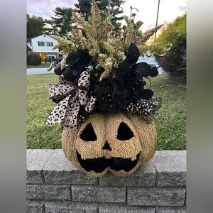 Halloween Pumpkin Floral Arrangement with Black Accents